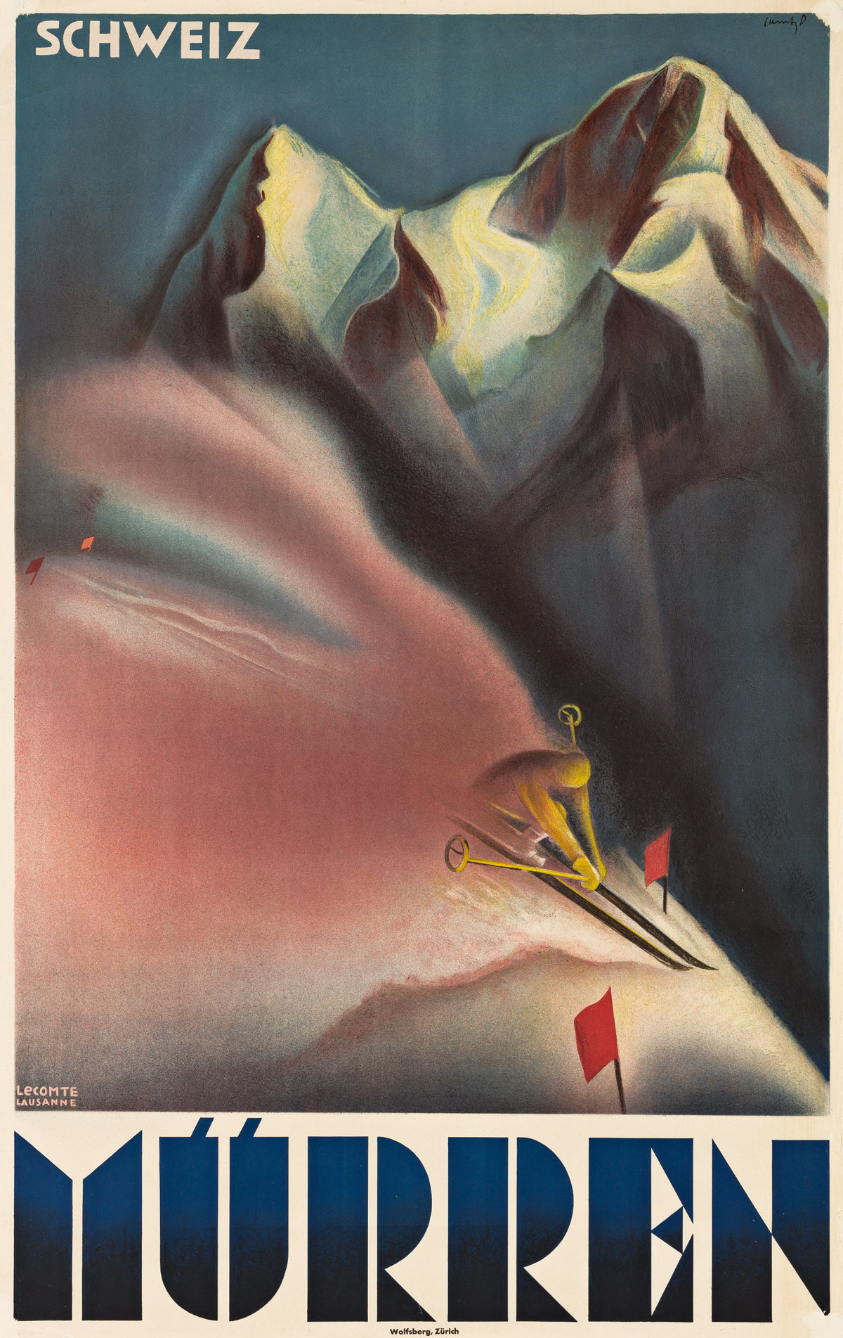 ANDRÉ LECOMTE (DATES UNKNOWN).  MÜRREN / SCHWEIZ. 1931. 39½x24¾ inches, 100¼x62¾ cm. Wolfsberg, Zurich.